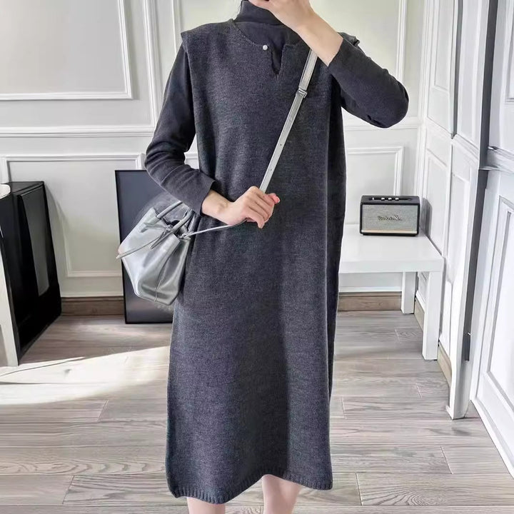 Damen Strickkleid mit elegantem Stehkragen und Knopfdetails Drune