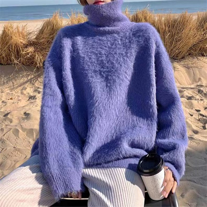 Damen Flauschiger Pullover mit Lockere Passform und Hohem Kragen Drune