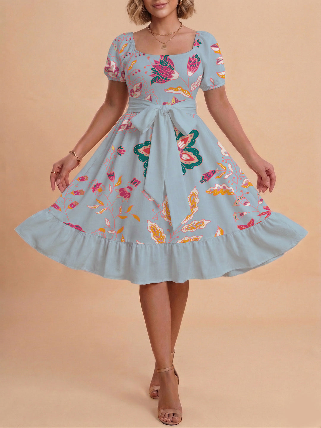 Damen modernes Blumenkleid mit elegantem Taillengürtel und asymmetrischem Saum Drune
