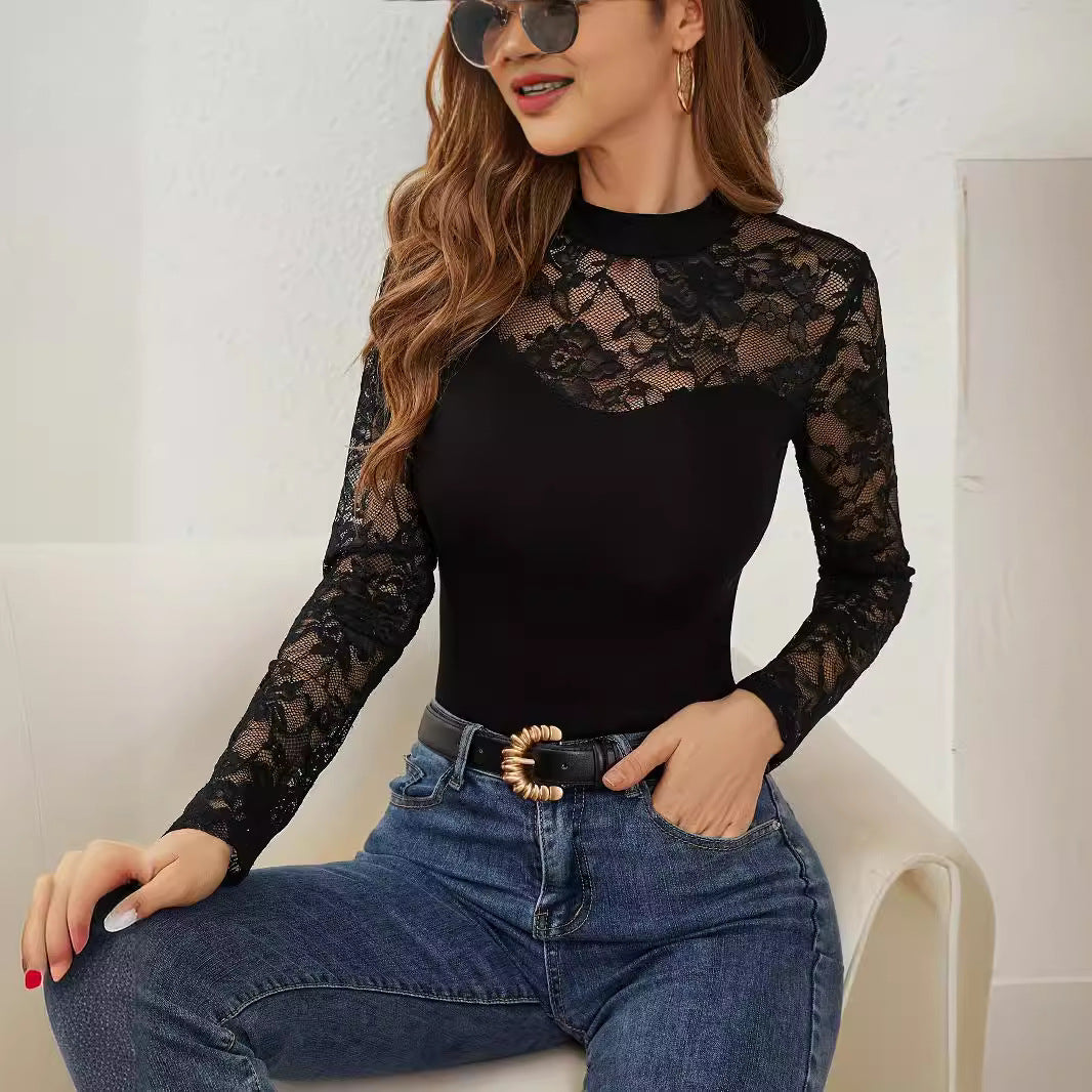 Damen nan tailliertes Spitzen-Langarmshirt mit blickdichtem Bustier-Einsatz und Stehkragen Drune