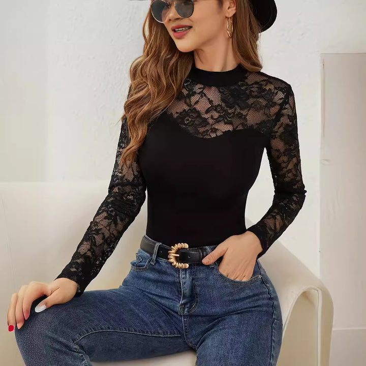 Damen nan tailliertes Spitzen-Langarmshirt mit blickdichtem Bustier-Einsatz und Stehkragen Drune