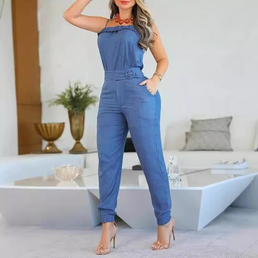 Damen lässiger Jumpsuit mit Rüschendetails und verstellbarem Taillengürtel Drune
