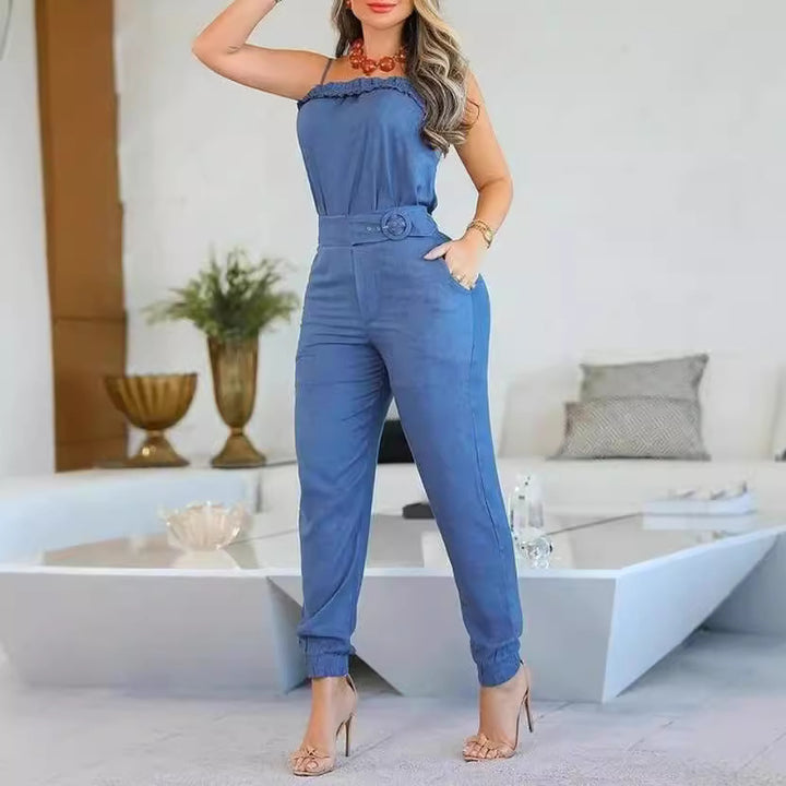 Damen lässiger Jumpsuit mit Rüschendetails und verstellbarem Taillengürtel Drune