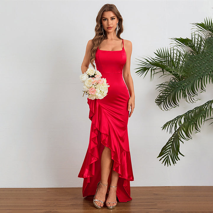 Damen elegantes Maxikleid mit seitlichem Schlitz und fließendem Rüschensaum Drune