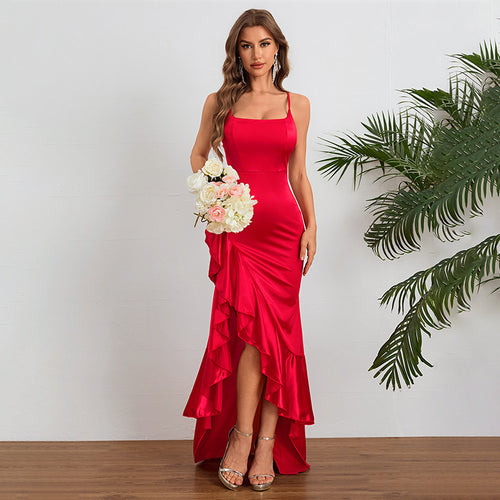 Damen elegantes Maxikleid mit seitlichem Schlitz und fließendem Rüschensaum Drune