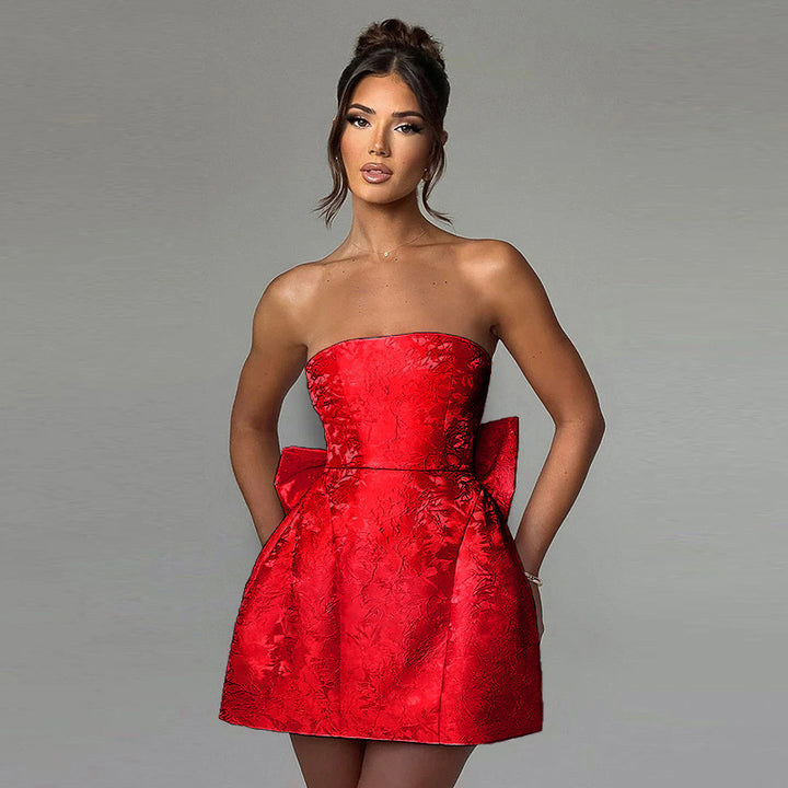Damen schulterfreies Cocktailkleid mit elegantem Schleifendetail Drune
