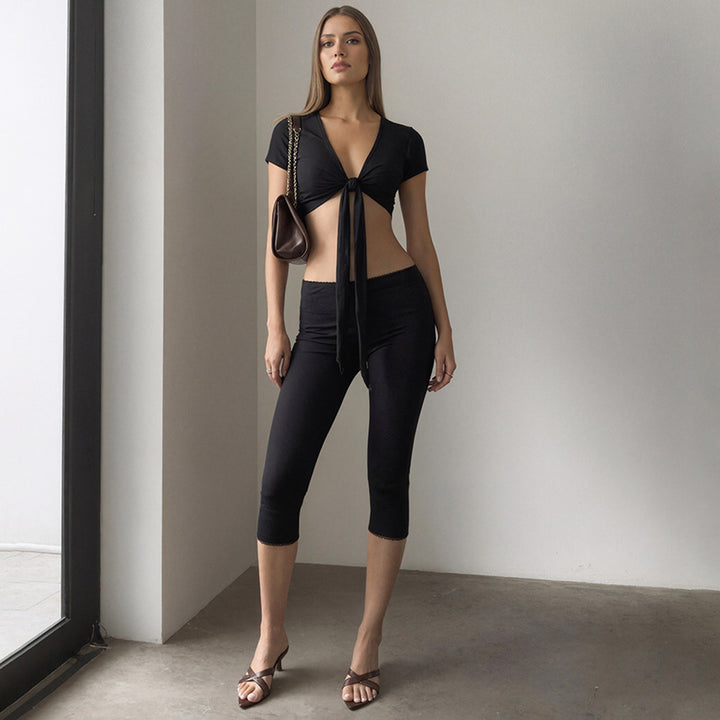 Damen modisches Crop-Top mit Bindeband und figurbetonten Leggings Drune