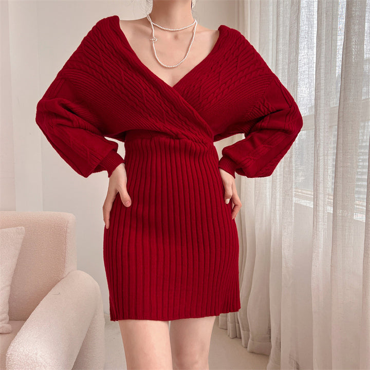 Damen Elegantes Strickkleid mit V-Ausschnitt und strukturiertem Oberteil Drune