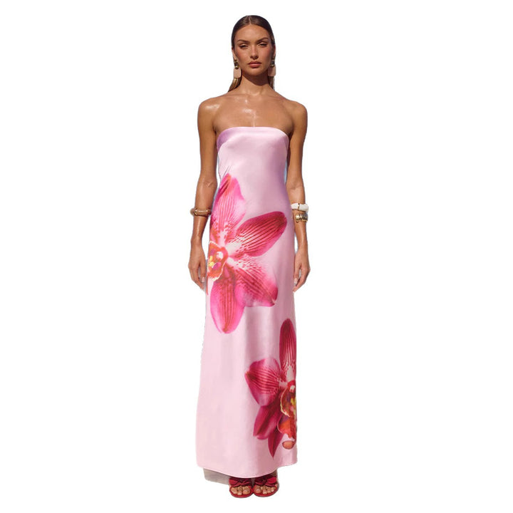 Damen Strapless Maxikleid mit floralem Druck und fließendem Stoff Drune