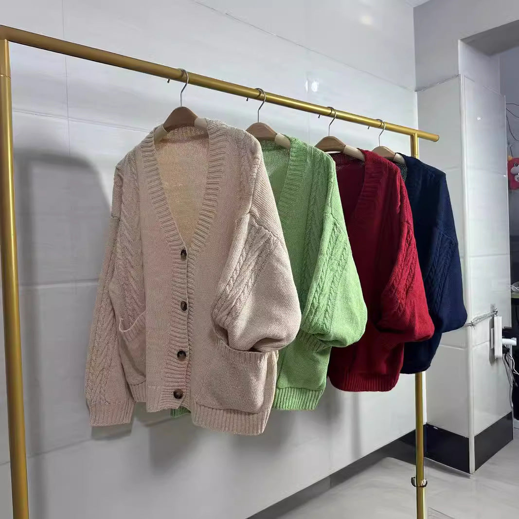 Damen Strickjacke mit Puffärmeln und Taschen Drune