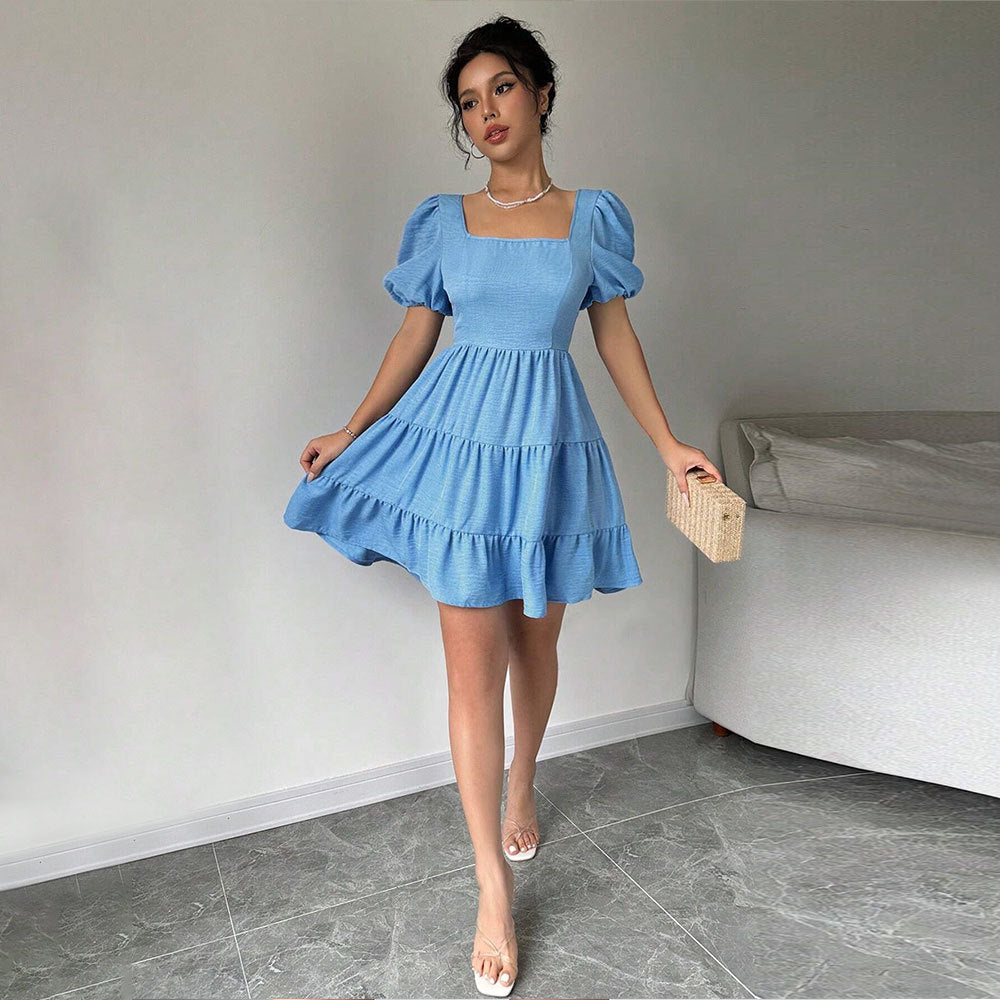 Damen Kleid mit Puffärmeln und gestuftem Saum Drune