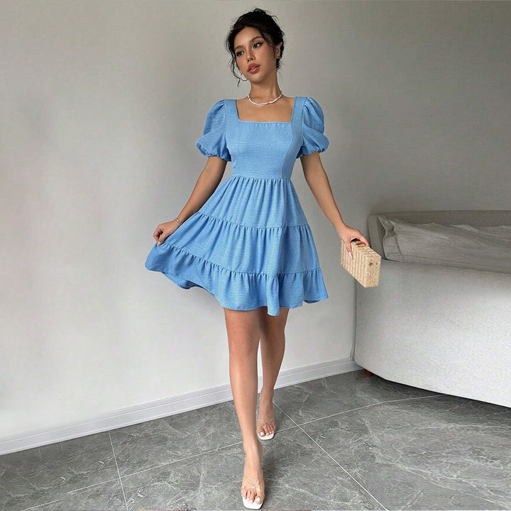 Damen Kleid mit Puffärmeln und gestuftem Saum Drune
