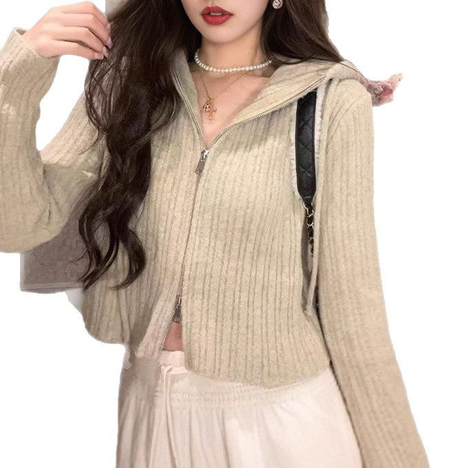 Damen modische Kapuzenjacke mit feinen Rippstrick-Details Drune