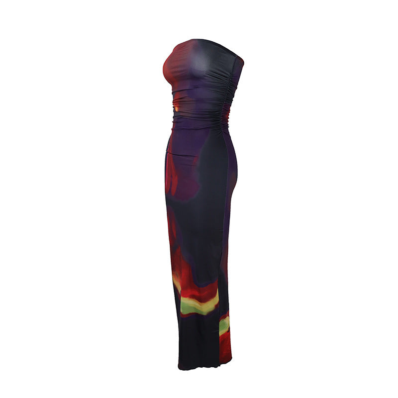 Damen elegantes, trägerloses Maxikleid mit raffiniertem Mustermix Drune