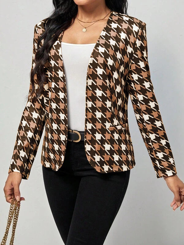 Damen modische Blazerjacke mit auffälligem Hahnentritt-Muster und taillierter Passform Drune