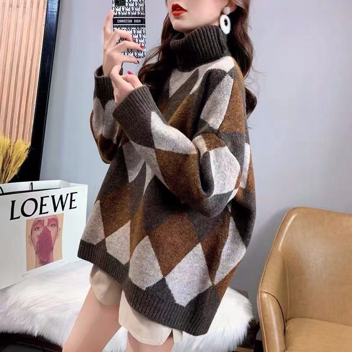 Damen Grobstrickpullover mit modernem Rautenmuster und hohem Kragen Drune