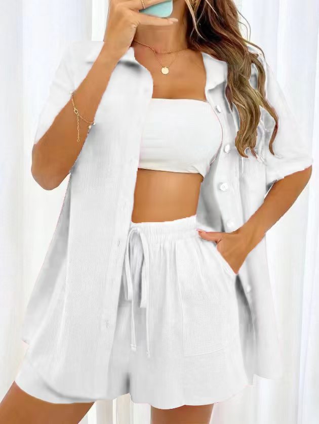 Damen luftiges Zweiteiliges Set mit Hemdbluse und Shorts Drune