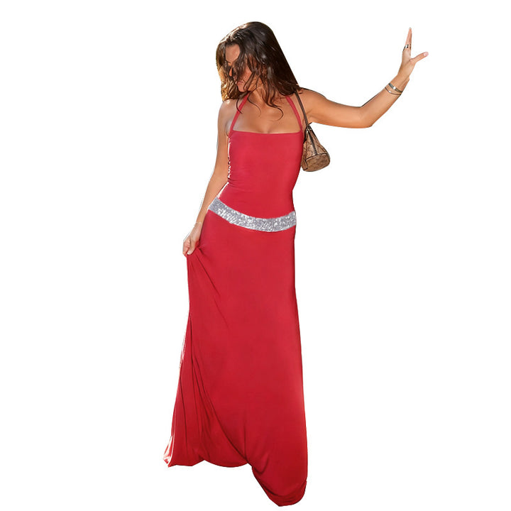 Damen elegantes Maxikleid mit schimmerndem Halterdesign und glitzerndem Taillengürtel Drune