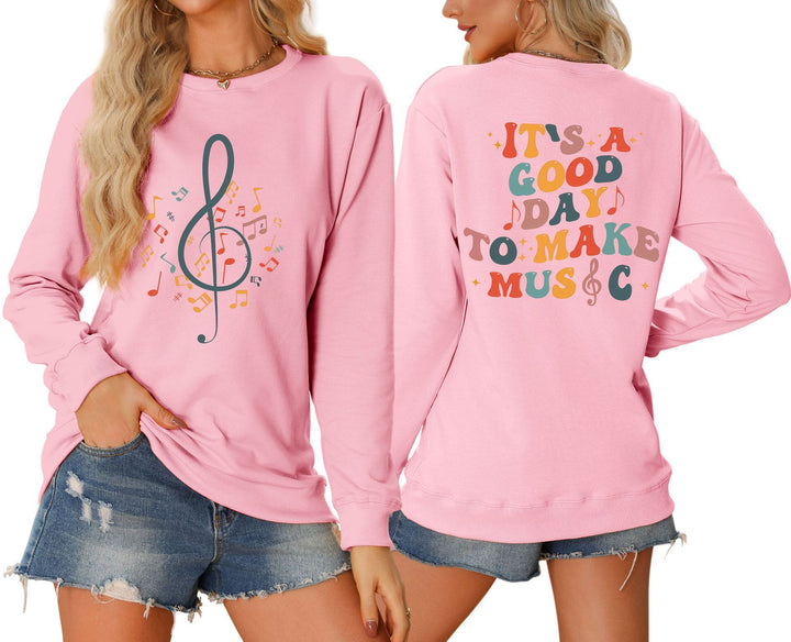Damen Sweatshirt mit musikalischem Motiv und kreativem Schriftzug Drune