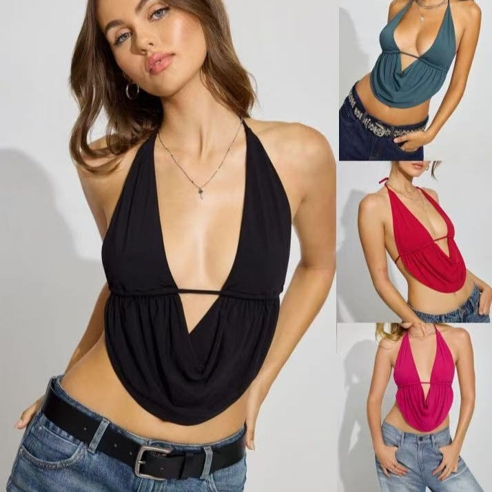 Damen lässiges Halter-Top mit tiefem V-Ausschnitt und asymmetrischer Drapierung Drune