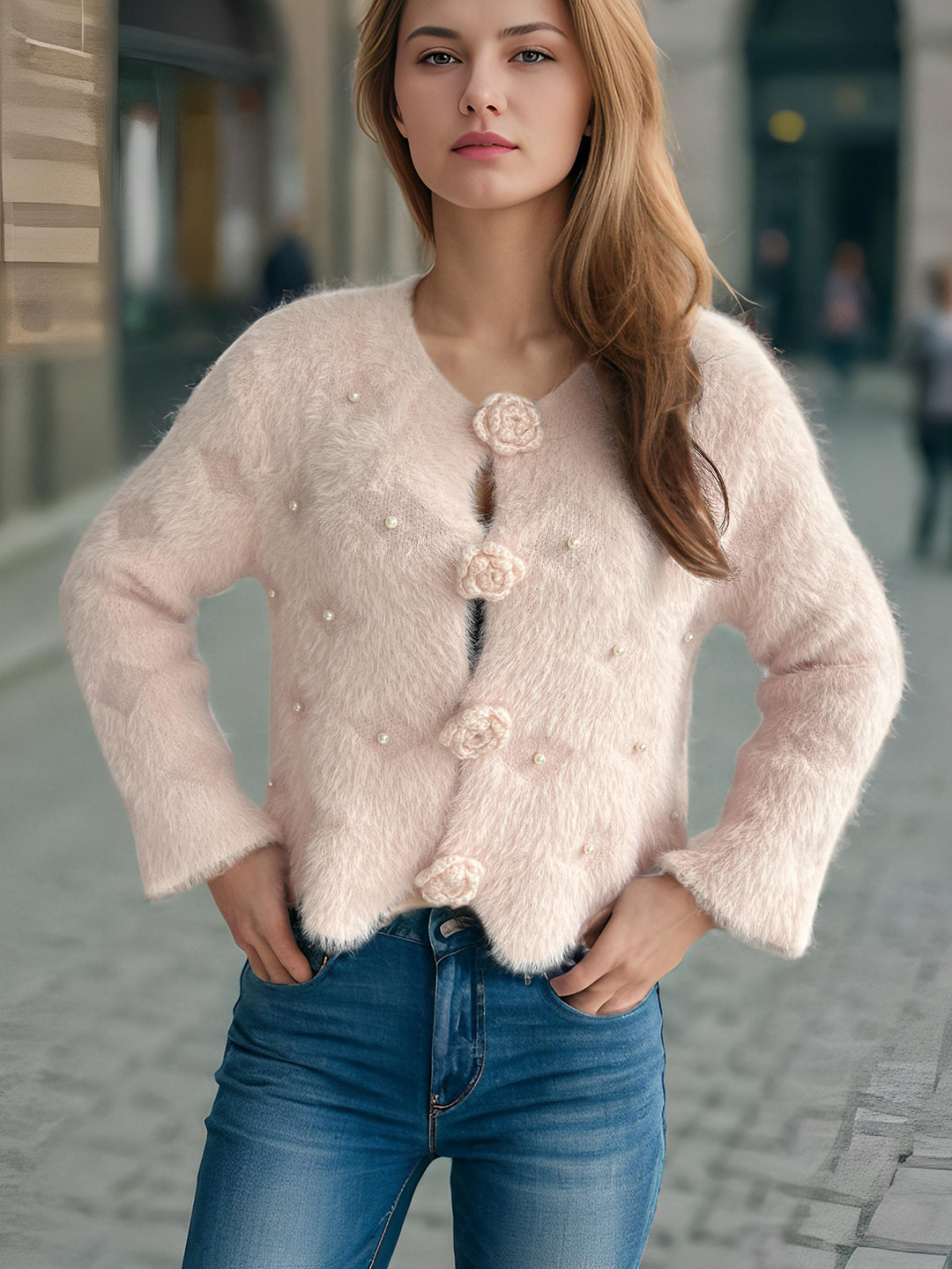 Damen feine Strickjacke mit Blumenapplikationen und Perlenakzenten Drune