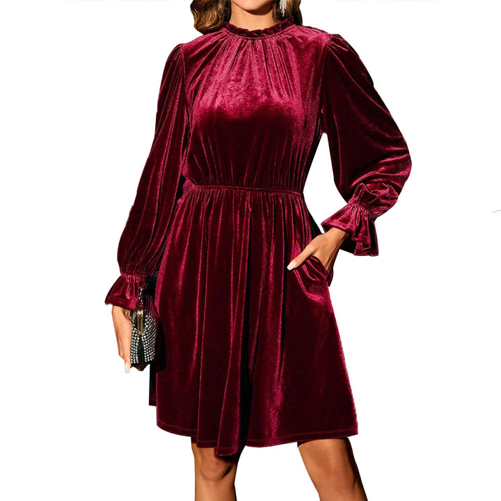 Damen Samtliches Abendkleid mit langen Puffärmeln und elastischem Bund Drune