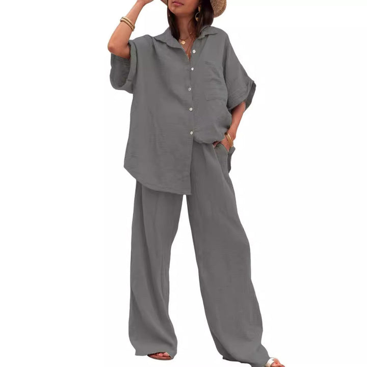 Damen luftiges Oversize-Hemd und weite Hose Set Drune