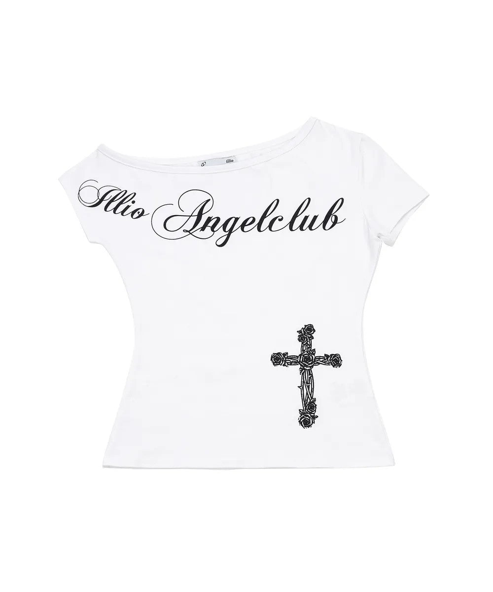 Damen Off-Shoulder T-Shirt mit Kreuzmotiv Drune