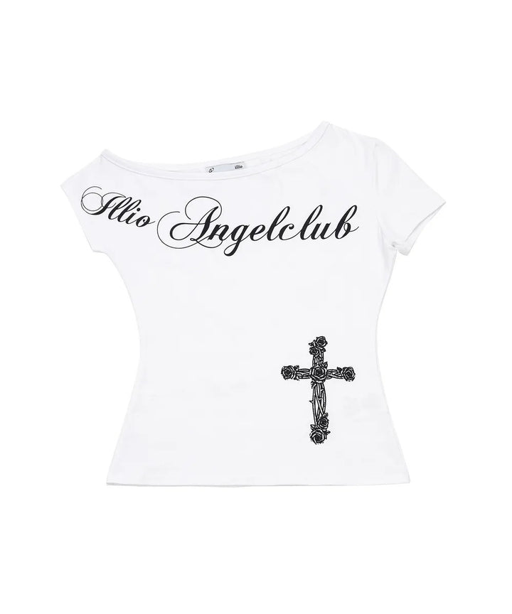 Damen Off-Shoulder T-Shirt mit Kreuzmotiv Drune