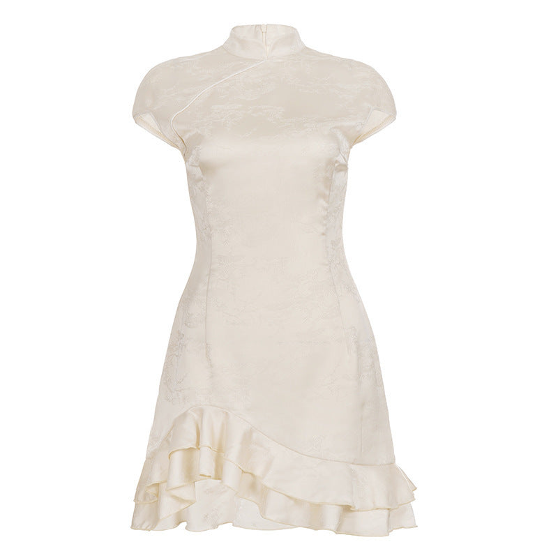 Damen elegant geschnittenes Chiffon-Kleid mit Rüschenkante Drune