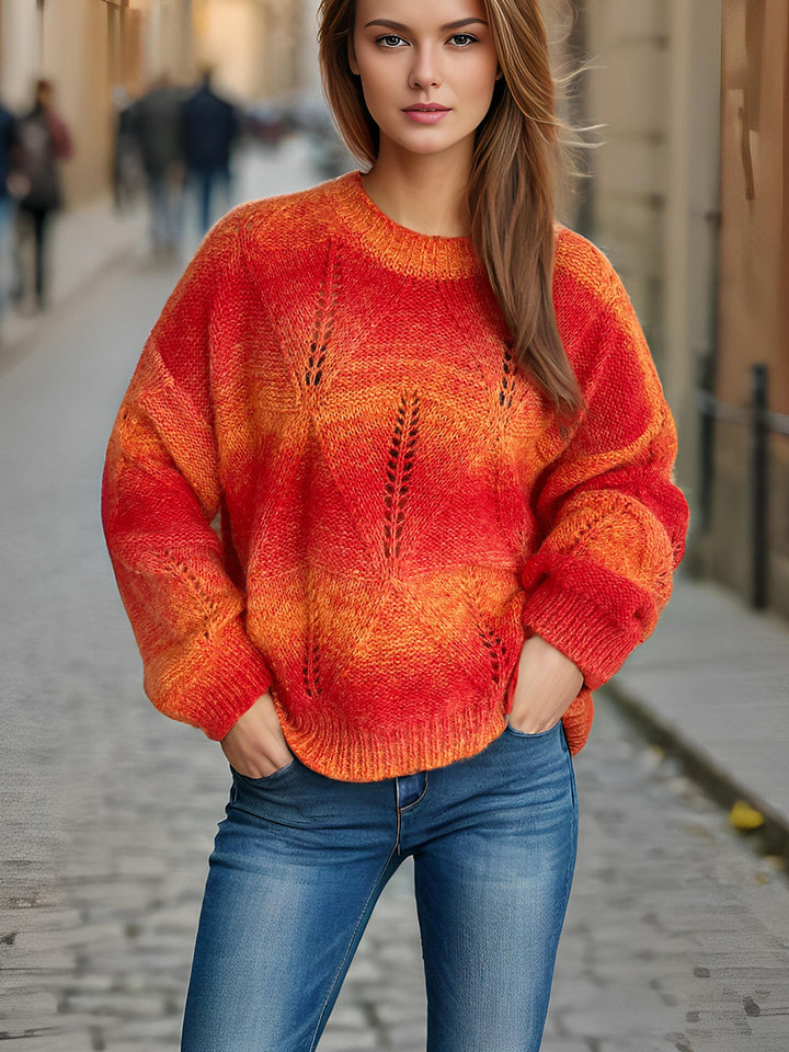 Damen lässiger Strickpullover mit modernem Lochmuster und voluminösen Ärmeln Drune