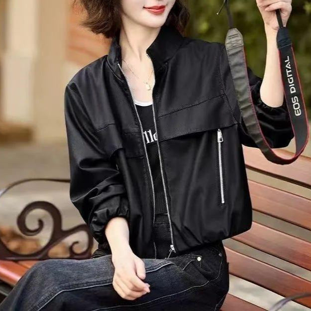 Damen Modische und edgy Lederjacke mit hohem Kragen und doppelt genähten Nähten Drune