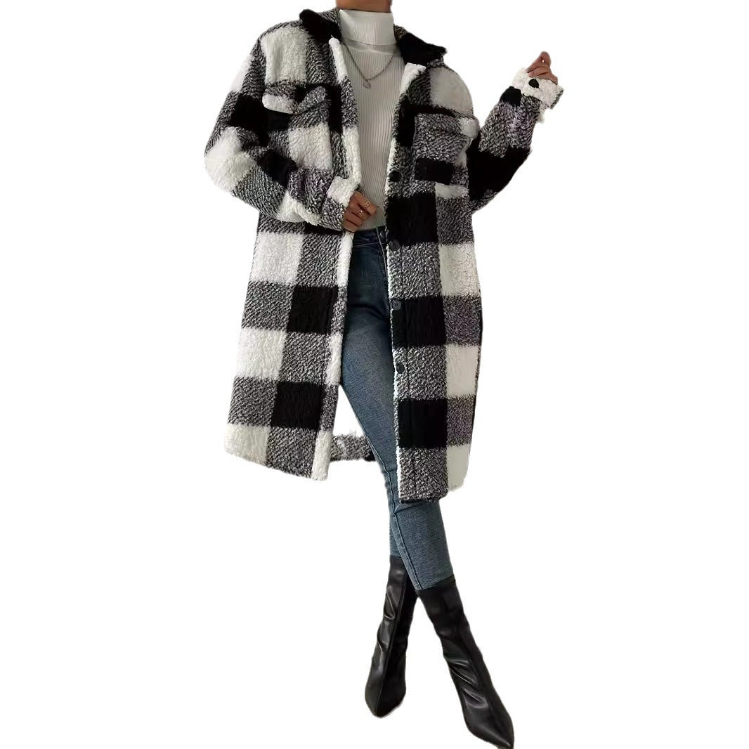 Damen Teddy-Pulloverjacke mit kariertem Muster und praktischen Taschen Drune