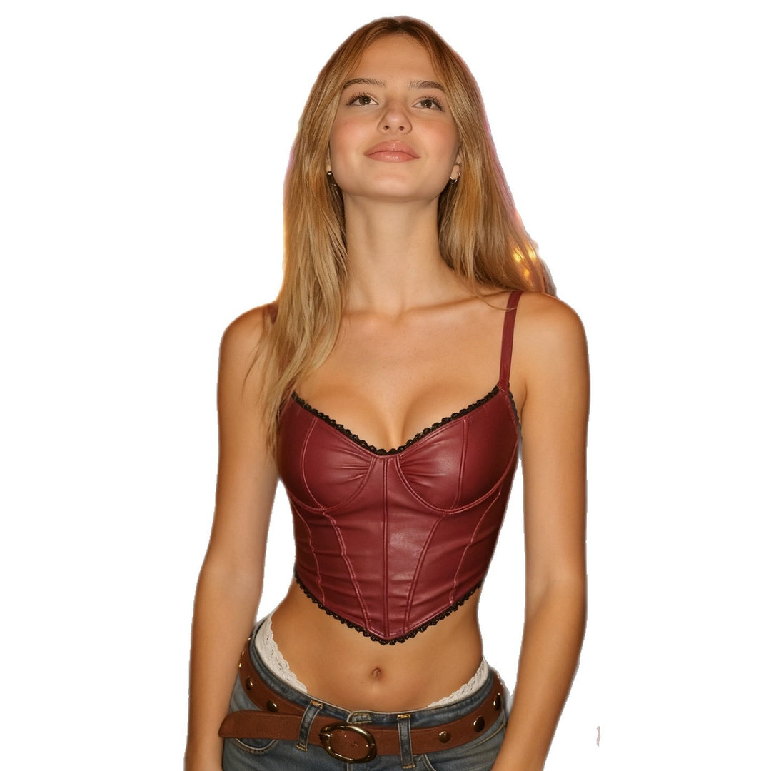 Damen Kunstleder-Corsage-Top mit elegantem Spitzensaum Drune