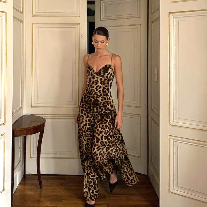 Damen Maxikleid mit tiefem V-Ausschnitt und elegantem Leopardenmuster Drune
