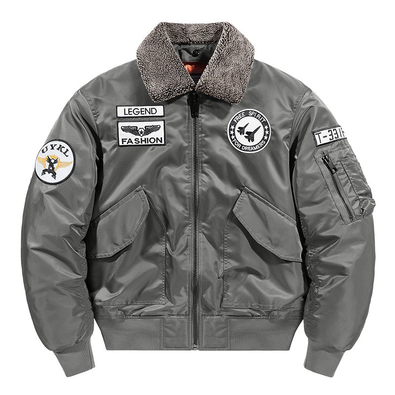 Herren -isolierte Pilot-Aviator-Bomberjacke mit Kunstschaffellkragen, Patches, Applikationen und einer Utility-Tasche am Ärmel Drune