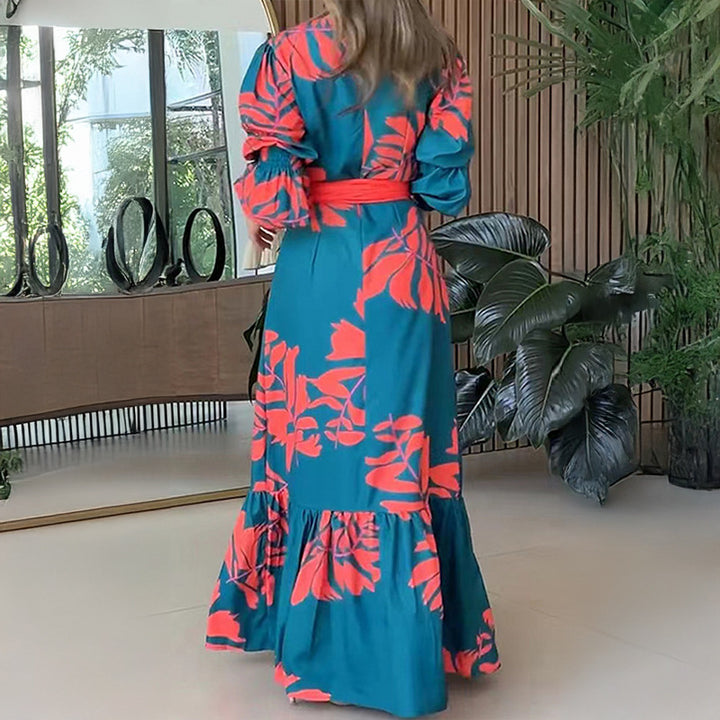 Damen Maxikleid mit glamourösem Wickel-Oberteil und eleganten Puffärmeln Drune