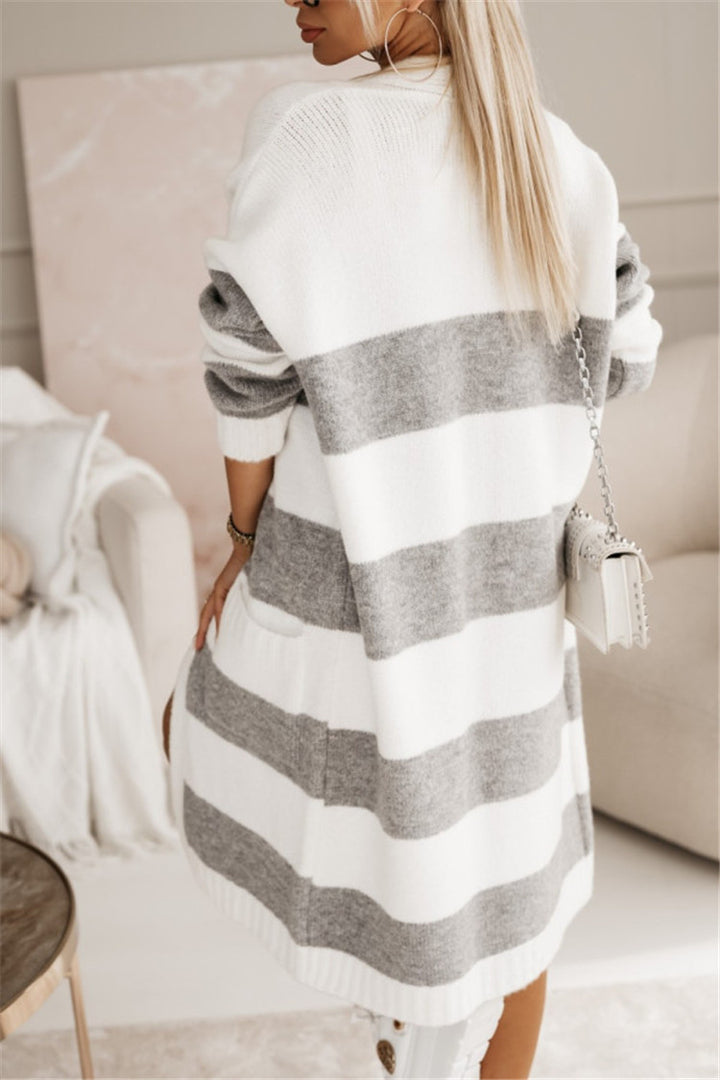 Damen lässiger Strickmantel mit großen Streifen Drune