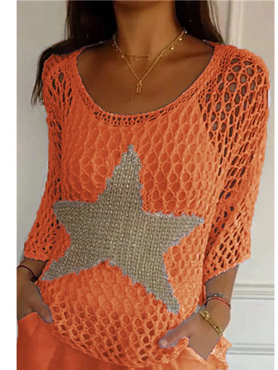 Damen nan oversized gehäkelter Pullover mit Sternapplikation und 3/4-Ärmeln Drune