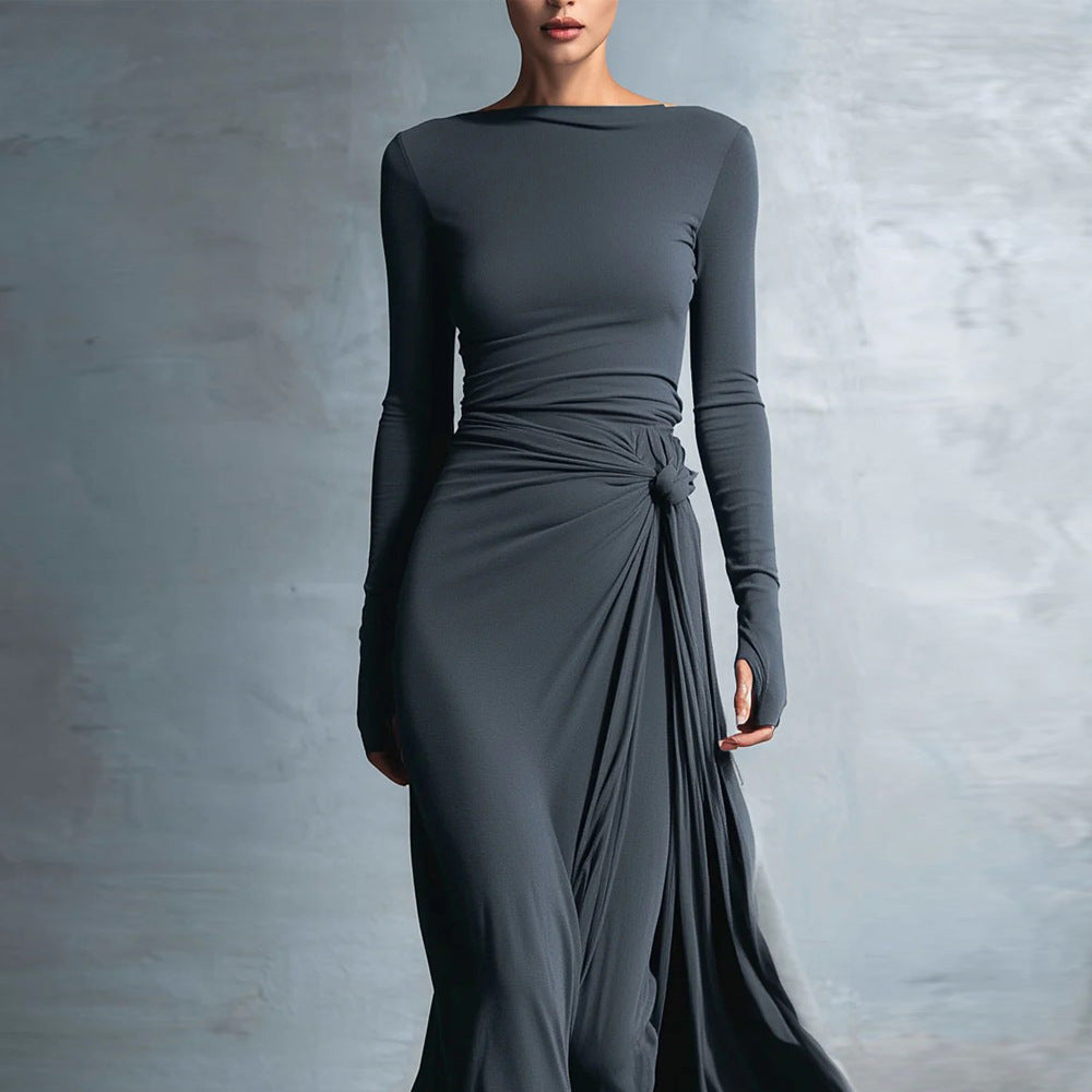 Damen elegantes Abendkleid mit langem Arm und Wickeldesign Drune