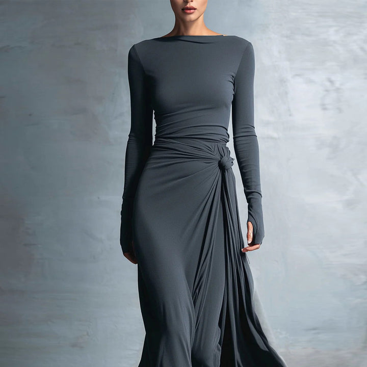 Damen elegantes Abendkleid mit langem Arm und Wickeldesign Drune