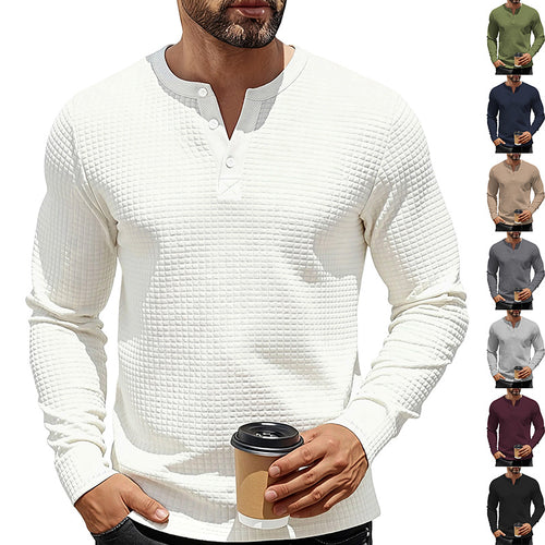 Herren nan strukturiertes Henley-Langarmshirt aus Waffelstrick mit Stehkragen und schmaler Silhouette Drune