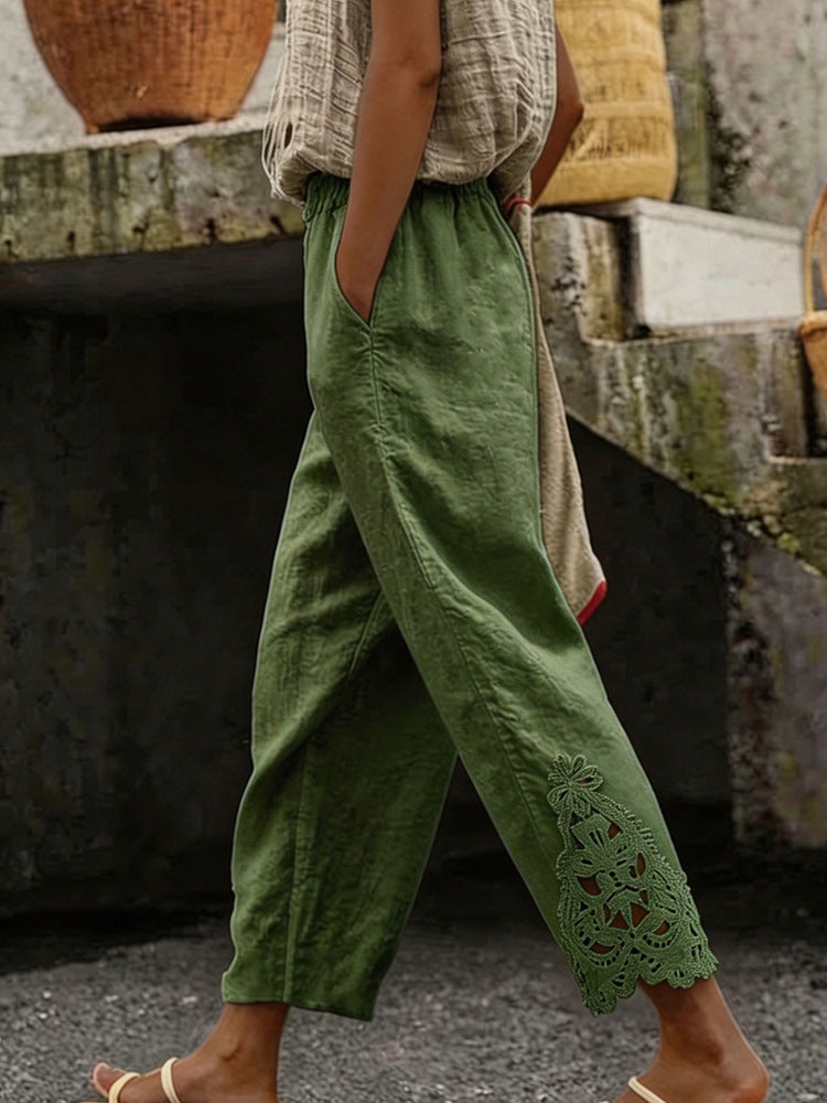 Damen elegante Leinenhose mit Spitzenapplikationen Drune