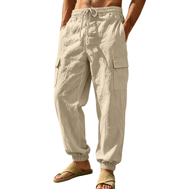 Herren nan leichte Cargo-Joggerhose aus Leinenmischung mit elastischem Tunnelzugbund, aufgesetzten Klappentaschen und gerippten Beinabschlüssen Drune