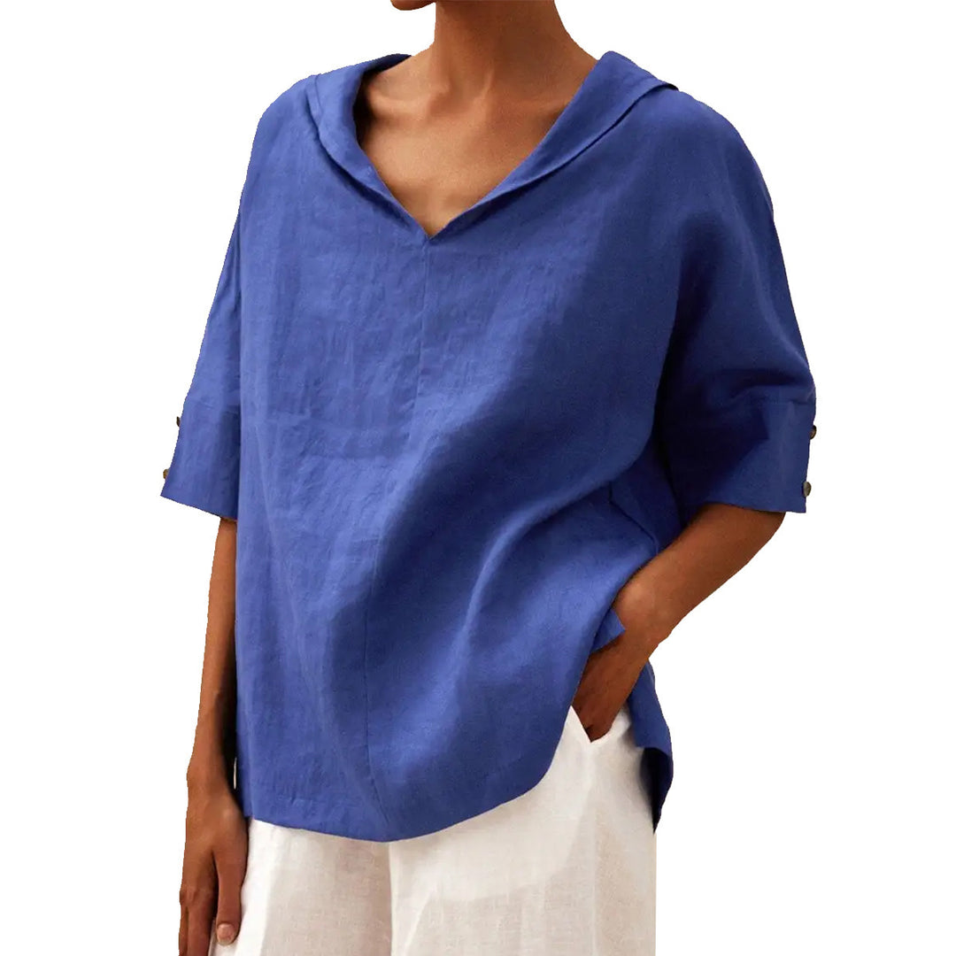 Damen lässige Leinenbluse mit Kapuze und kurzen Ärmeln Drune