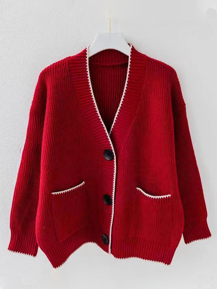 Damen Großer Strickcardigan mit praktischen Taschen und kontrastierendem Saum Drune