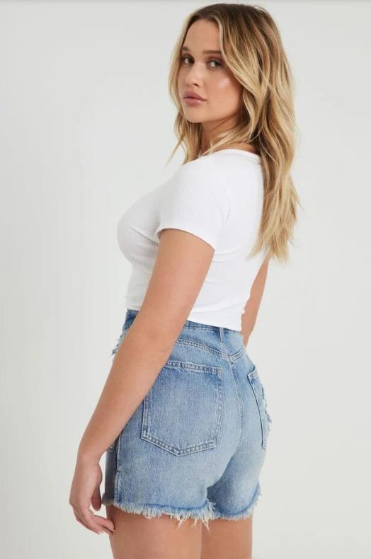 Damen lässige Denim-Shorts mit hohem Bund und ausgefranstem Saum Drune