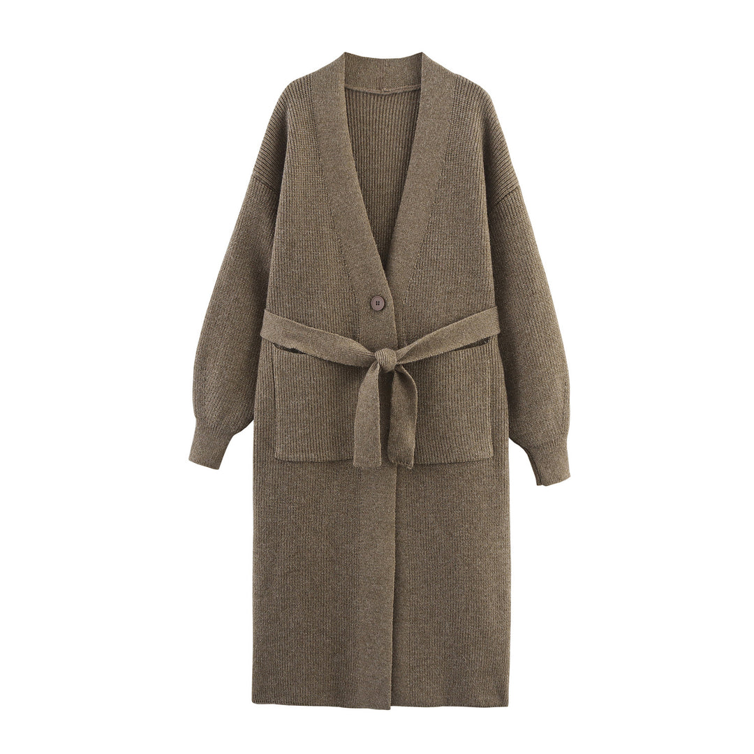 Damen Lange Strickjacke mit Gürtel und Taschen Drune