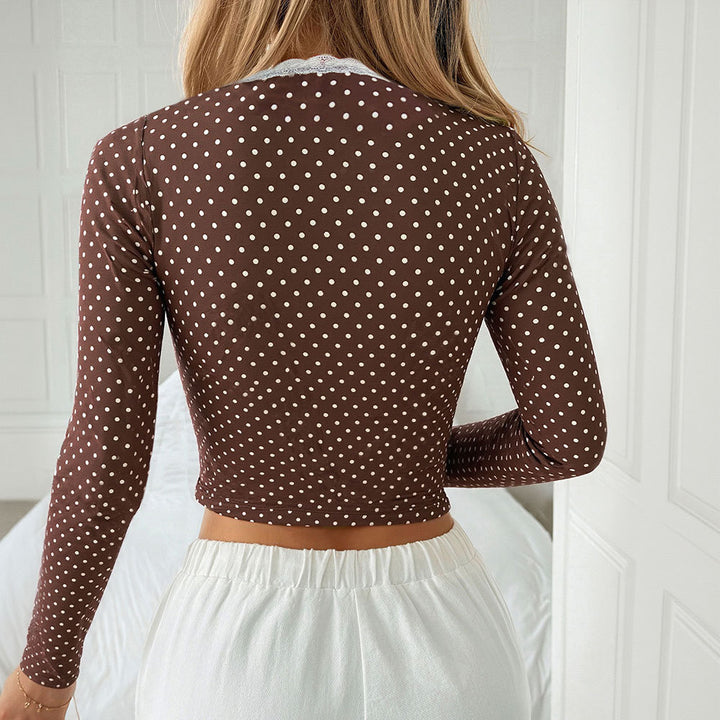 Damen Langarmshirt mit romantischen Spitzenakzenten und Knopfdetail Drune