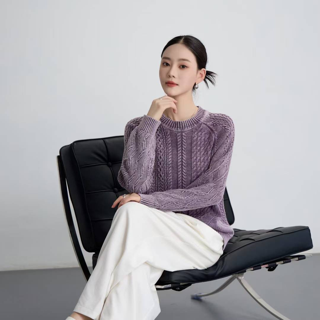 Damen modischer Pullover mit strukturiertem Zopf-Design und Rundhalsausschnitt Drune